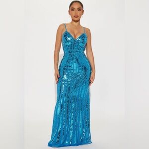 Fashion Nova Celine Sequin Gown-Aqua-Size S NWT🩵